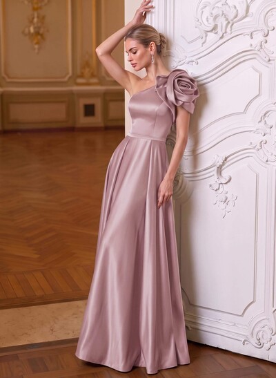 A-Line One-Shoulder Sleeveless Floor-Length Satin Mother Of The Bride Dresses With Flower