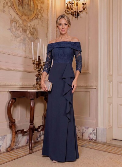 Sheath/Column Off-The-Shoulder 3/4 Sleeves Floor-Length Elastic Satin Mother Of The Bride Dresses With Ruffle/Lace