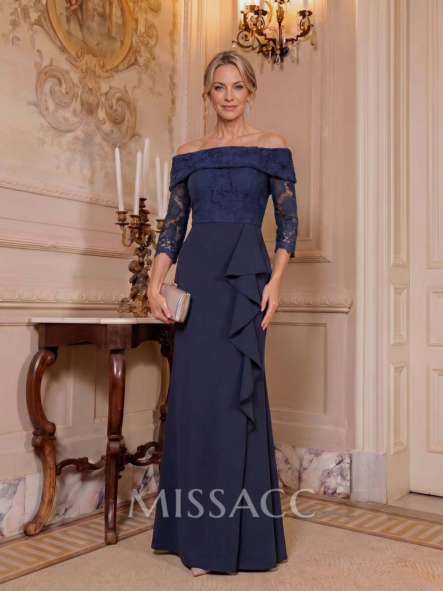 Sheath/Column Off-The-Shoulder 3/4 Sleeves Floor-Length Elastic Satin Mother Of The Bride Dresses With Ruffle/Lace