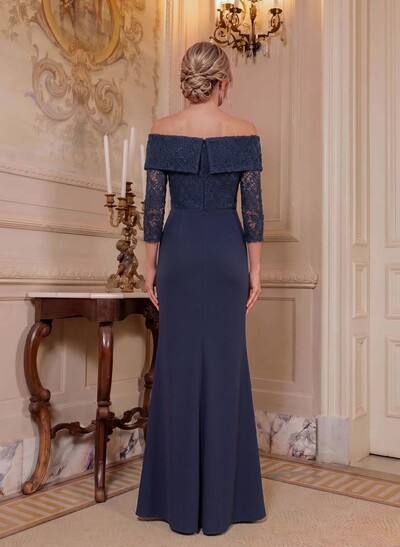 Sheath/Column Off-The-Shoulder 3/4 Sleeves Floor-Length Elastic Satin Mother Of The Bride Dresses With Ruffle/Lace