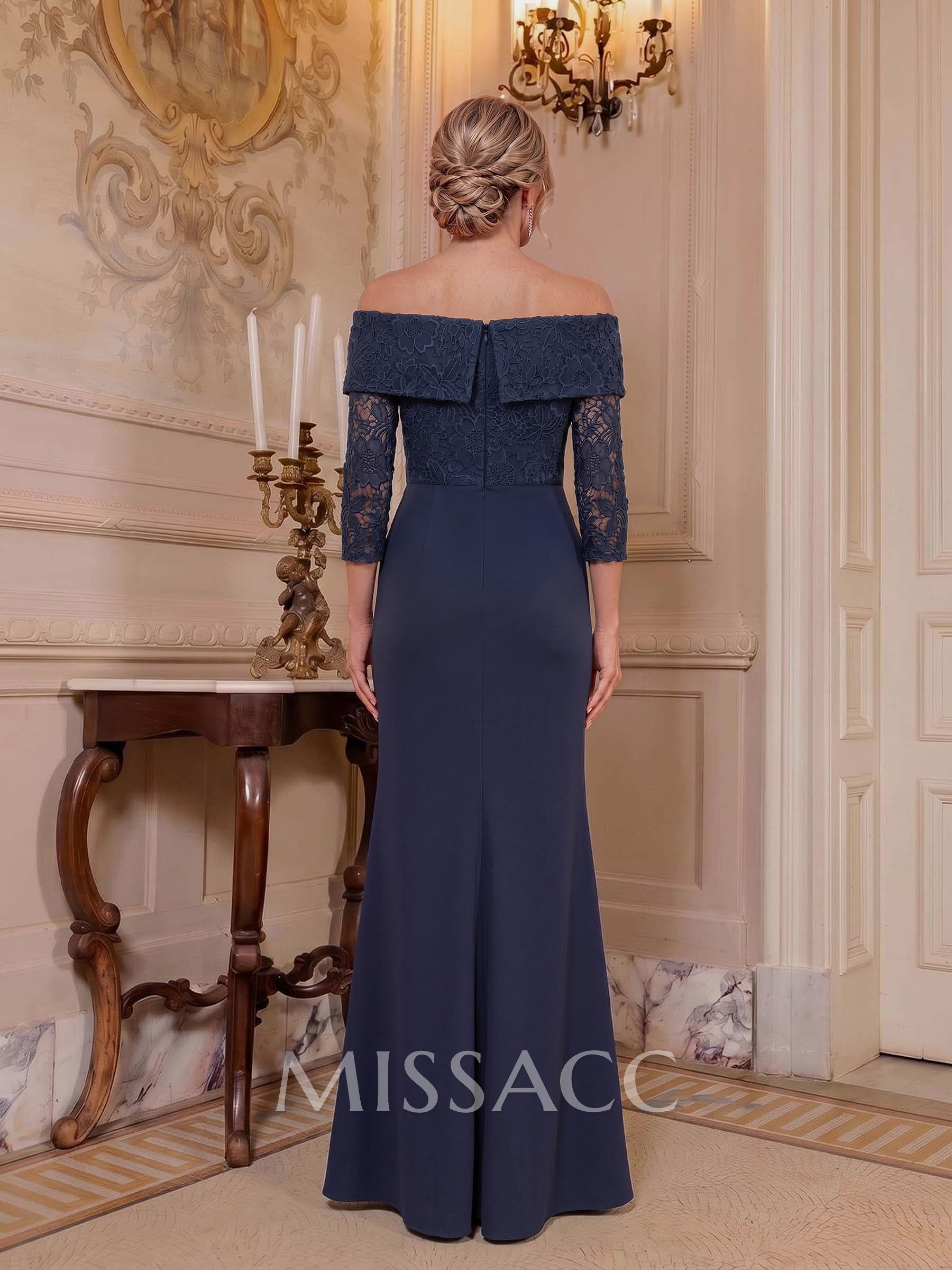 Sheath/Column Off-The-Shoulder 3/4 Sleeves Floor-Length Elastic Satin Mother Of The Bride Dresses With Ruffle/Lace
