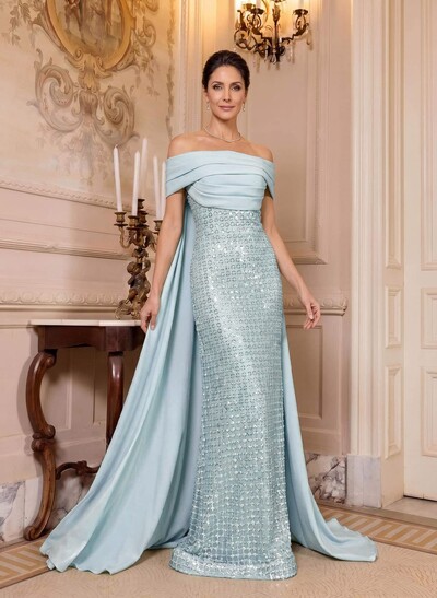 Sheath/Column Off-The-Shoulder Sleeveless Sweep Train Satin Mother Of The Bride Dresses