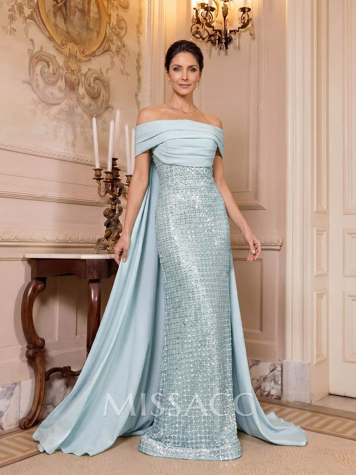 Sheath/Column Off-The-Shoulder Sleeveless Sweep Train Satin Mother Of The Bride Dresses