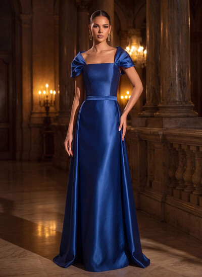 A-Line Square Neckline Short Sleeves Sweep Train Satin Mother Of The Bride Dresses