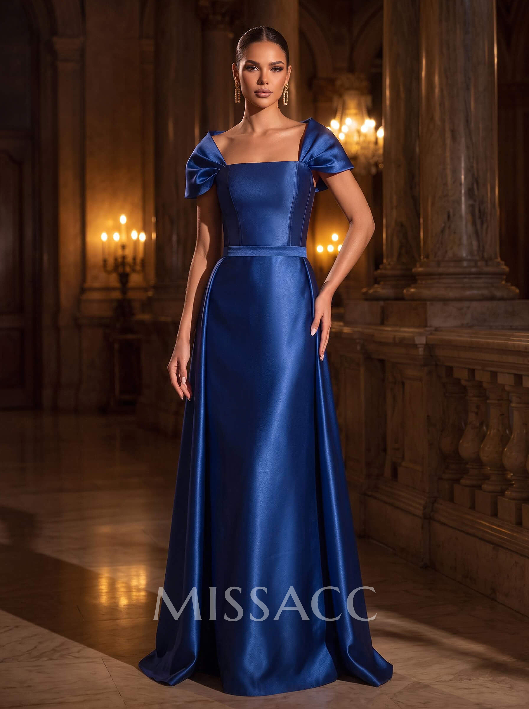 A-Line Square Neckline Short Sleeves Sweep Train Satin Mother Of The Bride Dresses
