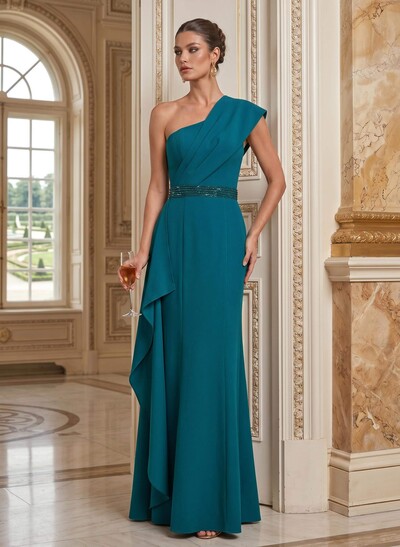 Sheath/Column One-Shoulder Floor-Length Elastic Satin Mother Of The Bride Dresses With Ruffle/Sweeping Side Drape