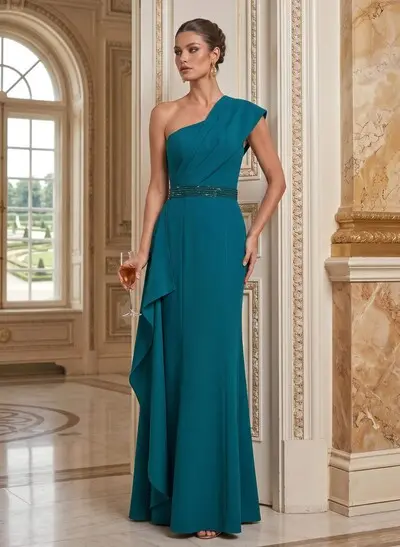 Sheath/Column One-Shoulder Floor-Length Elastic Satin Mother Of The Bride Dresses With Ruffle/Sweeping Side Drape