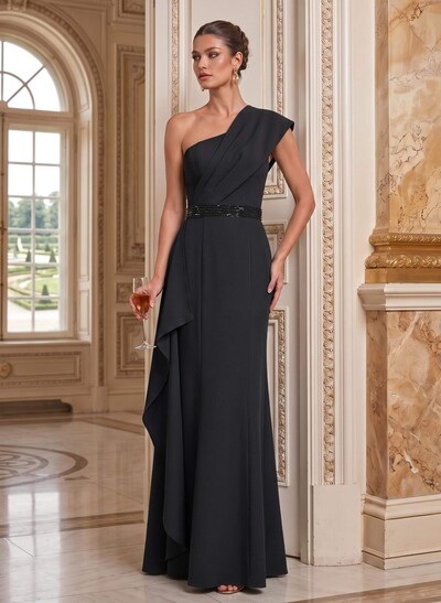 Fitted One-Shoulder Floor-Length Stretch Satin Mother of the Bride Dress with Sweeping Side Drape