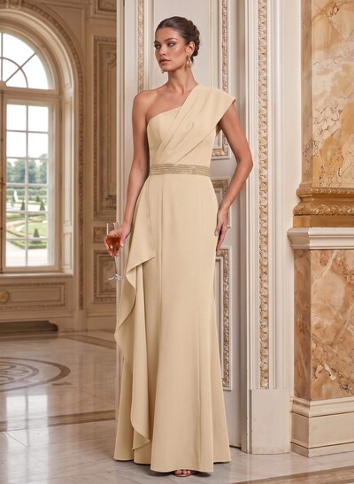 Sheath/Column One-Shoulder Floor-Length Elastic Satin Mother Of The Bride Dresses With Ruffle/Sweeping Side Drape