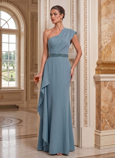 Sheath/Column One-Shoulder Floor-Length Elastic Satin Mother Of The Bride Dresses With Ruffle/Sweeping Side Drape