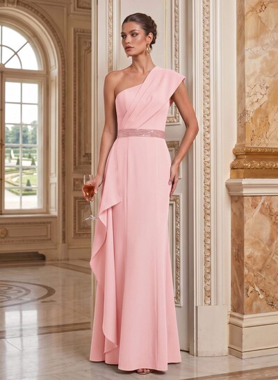 Sheath/Column One-Shoulder Floor-Length Elastic Satin Mother Of The Bride Dresses With Ruffle/Sweeping Side Drape
