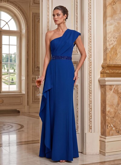 Sheath/Column One-Shoulder Floor-Length Elastic Satin Mother Of The Bride Dresses With Ruffle/Sweeping Side Drape