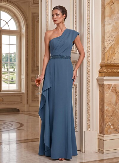 Sheath One-Shoulder Floor-Length Stretch Satin Mother of the Bride Dress with Ruffled Side Drape