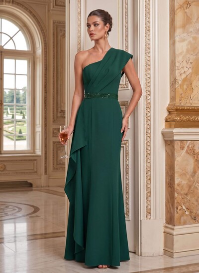 Sheath/Column One-Shoulder Floor-Length Elastic Satin Mother Of The Bride Dresses With Ruffle/Sweeping Side Drape