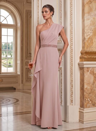 Sheath/Column One-Shoulder Floor-Length Elastic Satin Mother Of The Bride Dresses With Ruffle/Sweeping Side Drape