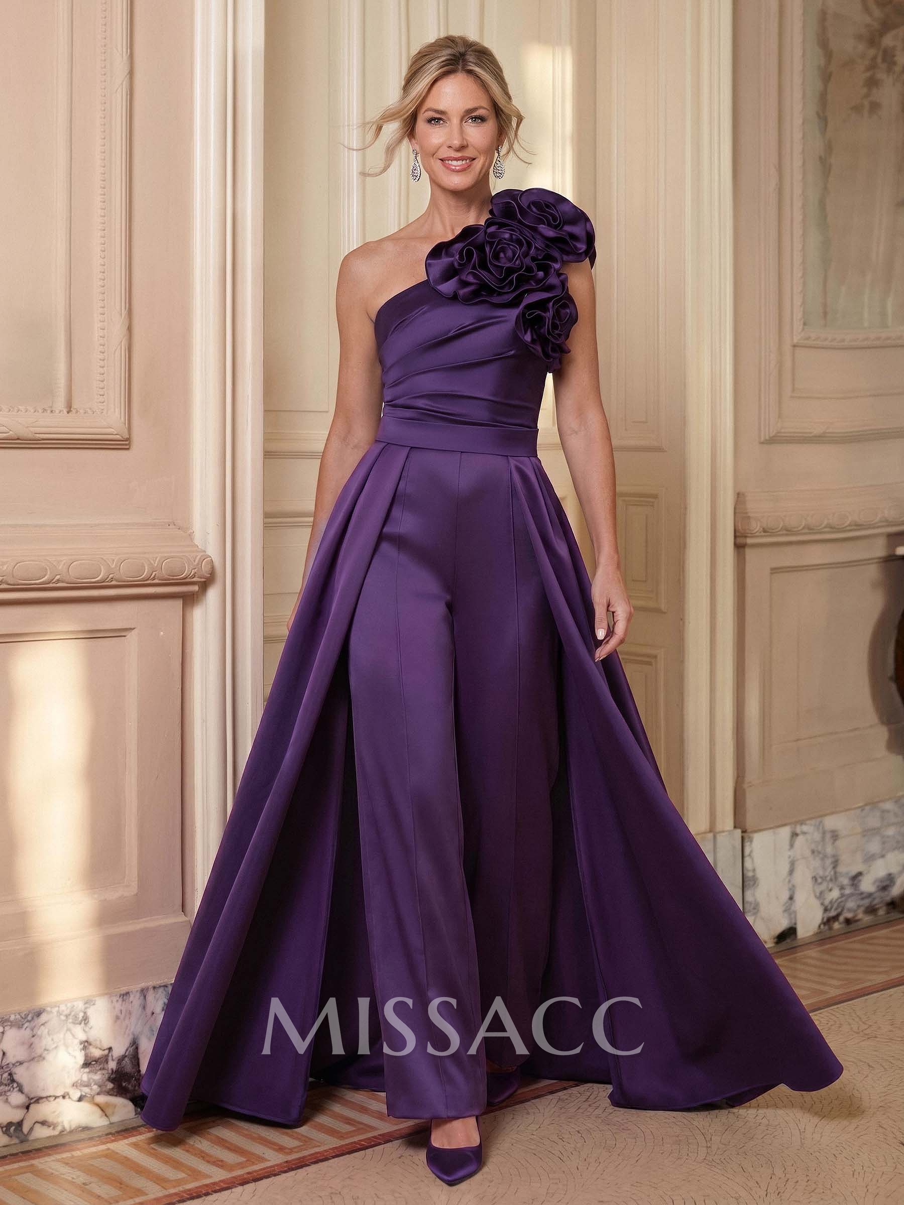 Jumpsuit/Pantsuit One-Shoulder Sleeveless Floor-Length Charmeuse Mother Of The Bride Dresses With Flower