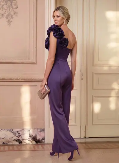 Jumpsuit/Pantsuit One-Shoulder Sleeveless Floor-Length Charmeuse Evening Dresses With Flower