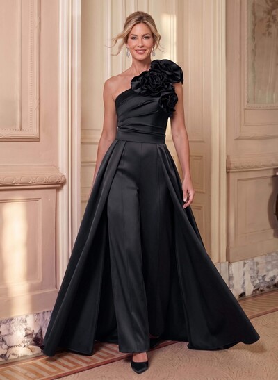 Jumpsuit/Pantsuit One-Shoulder Sleeveless Floor-Length Satin Mother Of The Bride Dresses With Flower