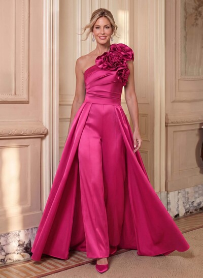 Satin One-Shoulder Sleeveless Maxi Mother Of The Bride Jumpsuit/Pantsuit With Flower Detail