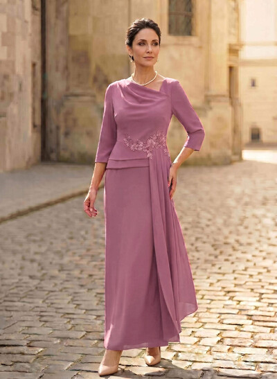 Sheath/Column Asymmetrical 3/4 Sleeves Elastic Satin Mother Of The Bride Dresses With Sweeping Side Drape