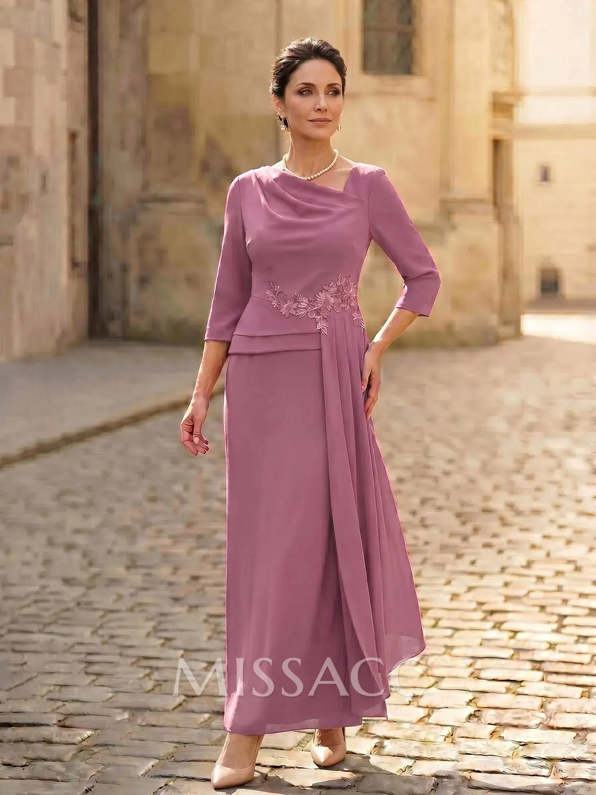 Sheath/Column Asymmetrical 3/4 Sleeves Elastic Satin Mother Of The