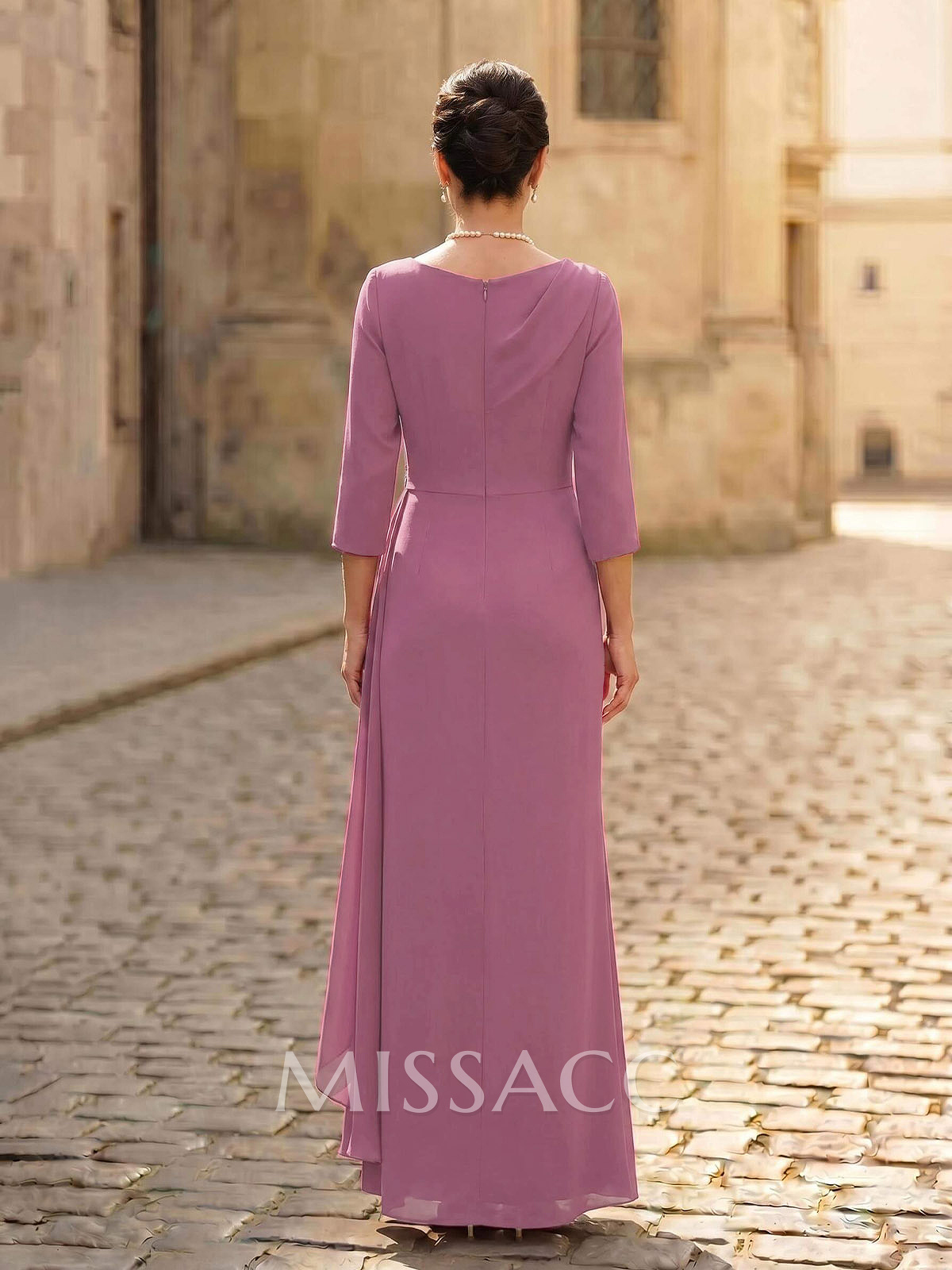 Sheath/Column Asymmetrical 3/4 Sleeves Elastic Satin Mother Of The Bride Dresses With Sweeping Side Drape
