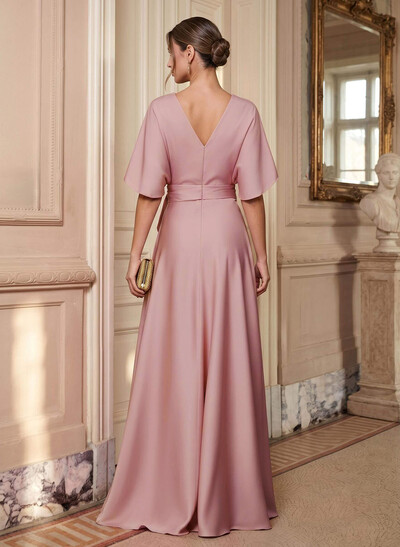 A-Line V-Neck Cape Sleeves Floor-Length Stretch Satin Mother Of The Bride Dresses With Sash