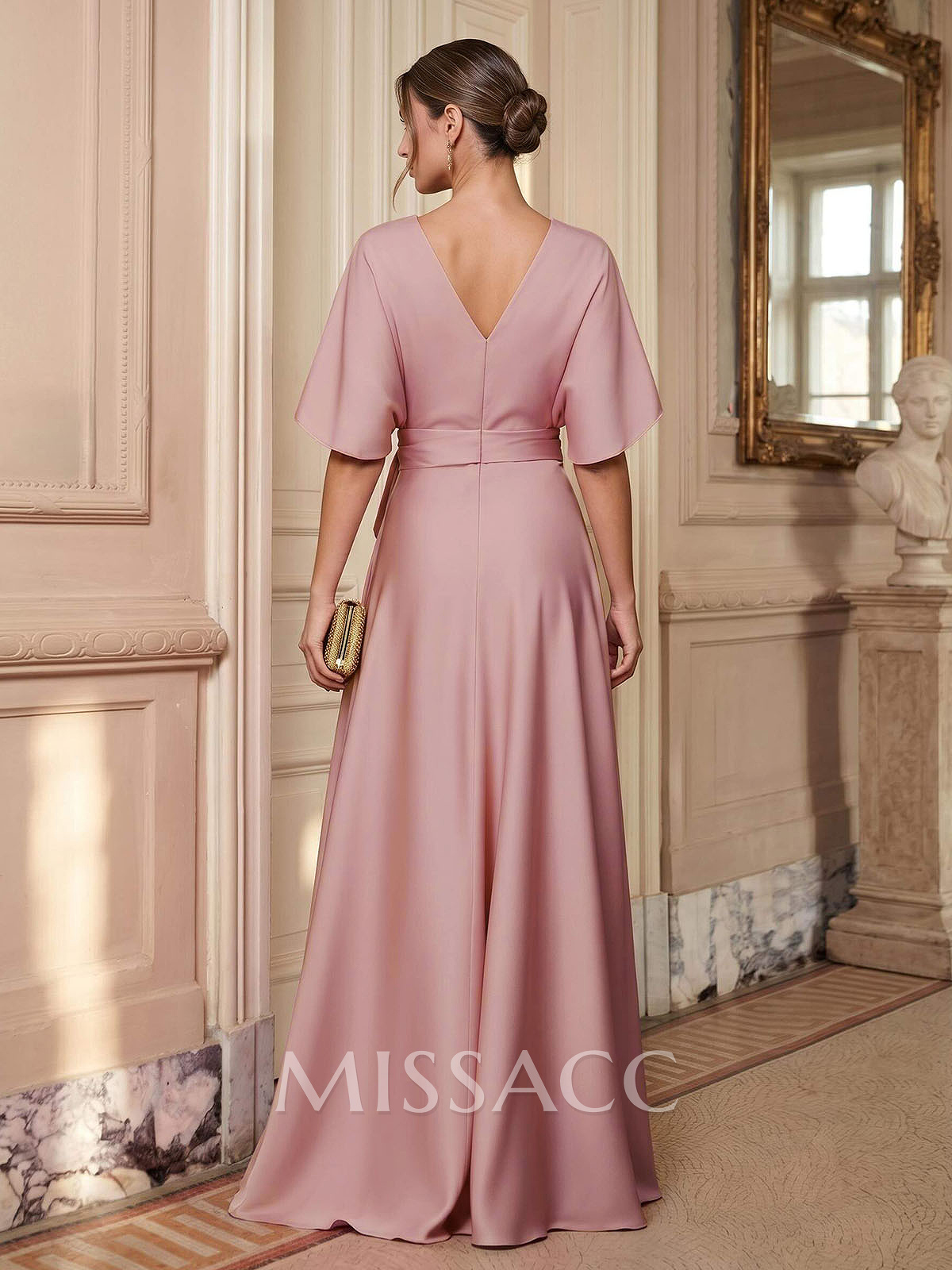 A-Line V-Neck Cape Sleeves Floor-Length Stretch Satin Mother Of The Bride Dresses With Sash