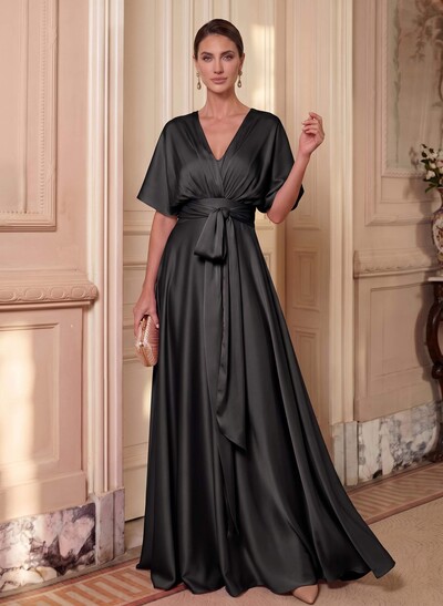 A-Line V-Neck Cape Sleeves Floor-Length Stretch Satin Mother Of The Bride Dresses With Sash
