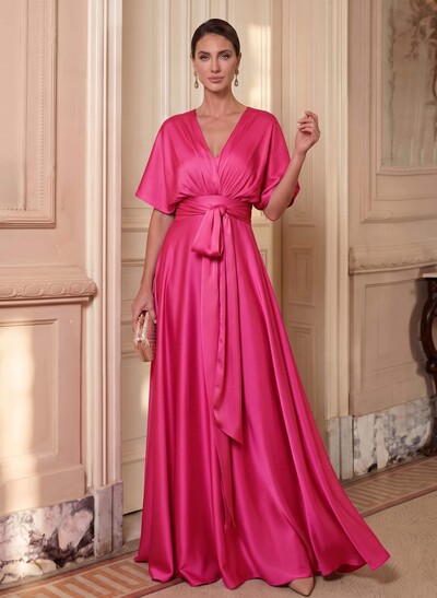 A-Line V-Neck Cape Sleeves Floor-Length Stretch Satin Mother Of The Bride Dresses With Sash