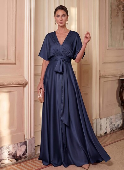 A-Line V-Neck Cape Sleeves Floor-Length Stretch Satin Mother Of The Bride Dresses With Sash
