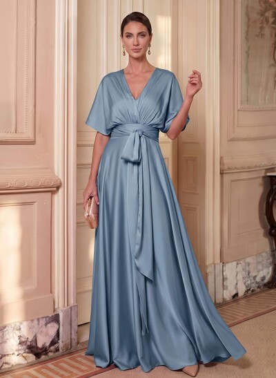 A-Line V-Neck Cape Sleeves Floor-Length Stretch Satin Mother Of The Bride Dresses With Sash