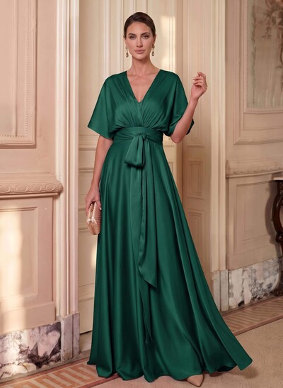 A-Line V-Neck Cape Sleeves Floor-Length Stretch Satin Mother Of The Bride Dresses With Sash