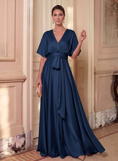 A-Line V-Neck Cape Sleeves Floor-Length Stretch Satin Mother Of The Bride Dresses With Sash