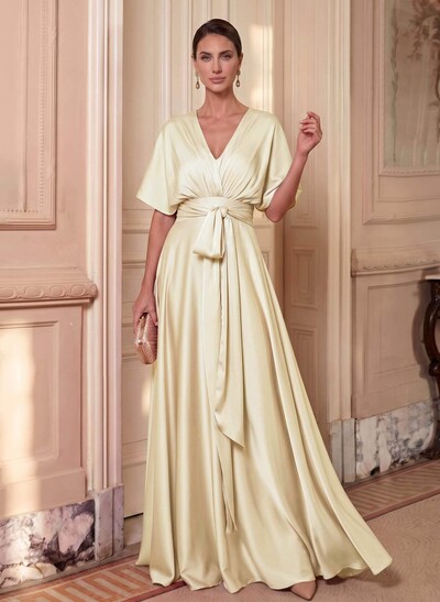 A-Line V-Neck Cape Sleeves Floor-Length Stretch Satin Mother Of The Bride Dresses With Sash
