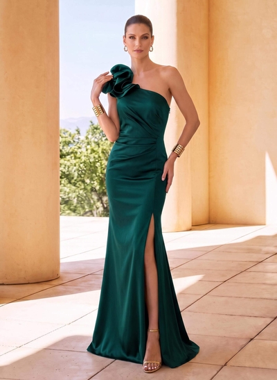 Trumpet/Mermaid One-Shoulder Sleeveless Sweep Train Satin Mother Of The Bride Dresses With Shoulder Ruffle
