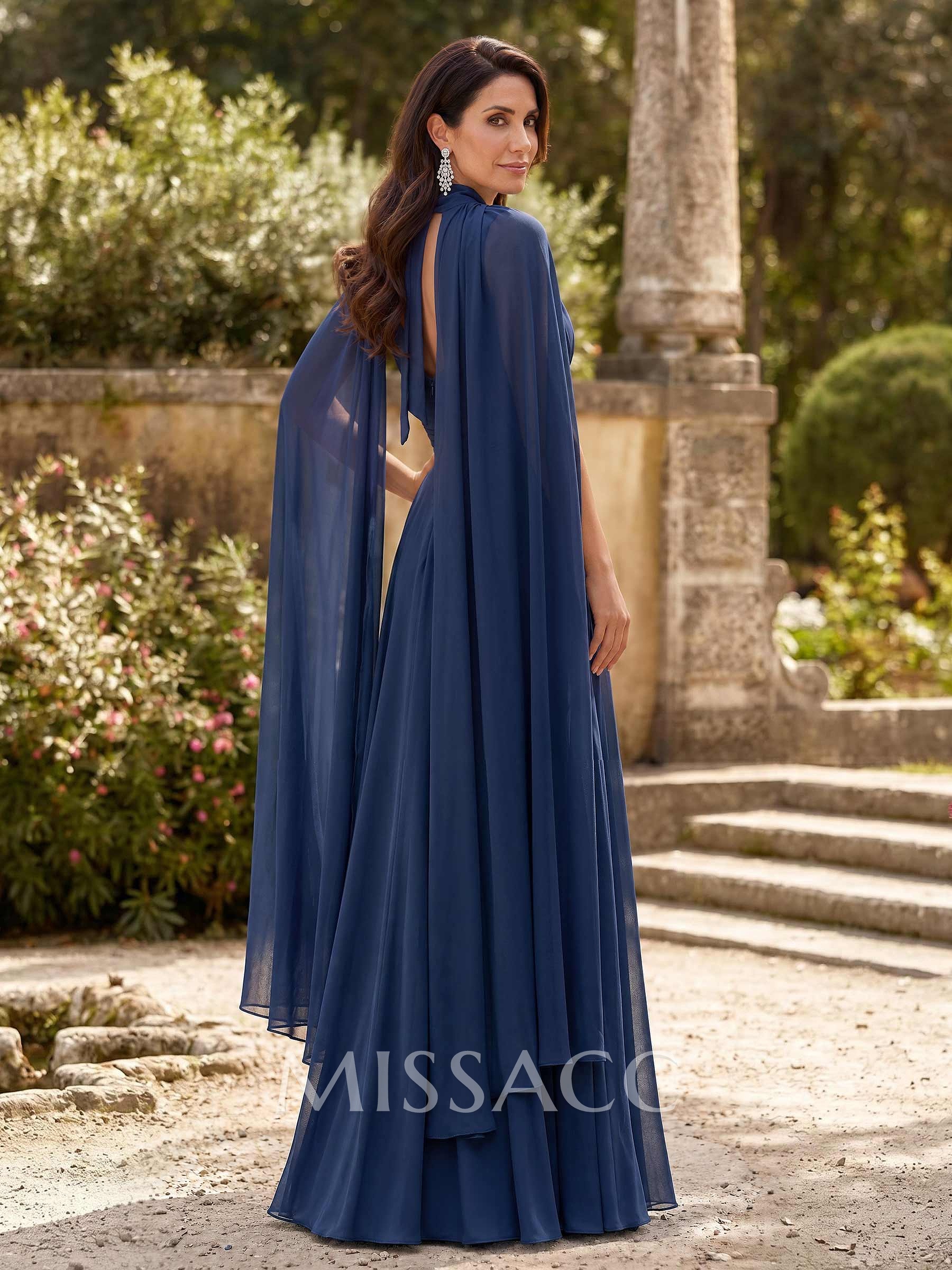 A-Line V-Neck Detachable Sleeves/Cape Sleeves Floor-Length Chiffon Mother Of The Bride Dresses