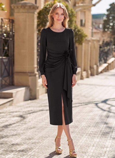 Sheath/Column Scoop Neck Long Sleeves Tea-Length Chiffon Mother Of The Bride Dresses With Pleated/Flower(s)