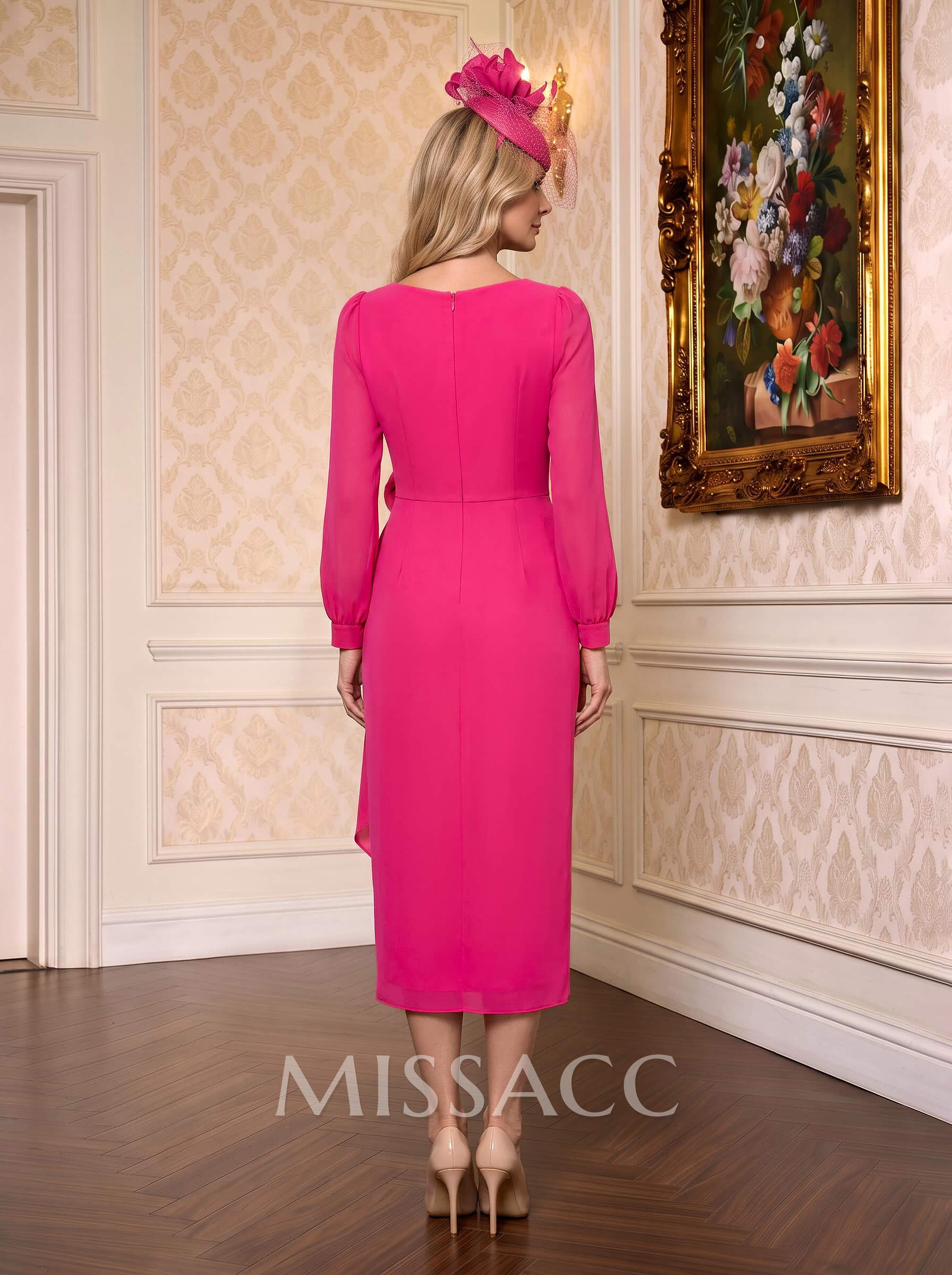 Sheath/Column Scoop Neck Long Sleeves Tea-Length Chiffon Mother Of The Bride Dresses With Pleated/Flower(s)
