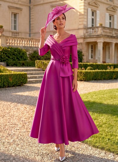 A-Line V-Neck 3/4 Sleeves Ankle-Length Satin Mother Of The Bride Dresses With Rhinestone/Flower(s)