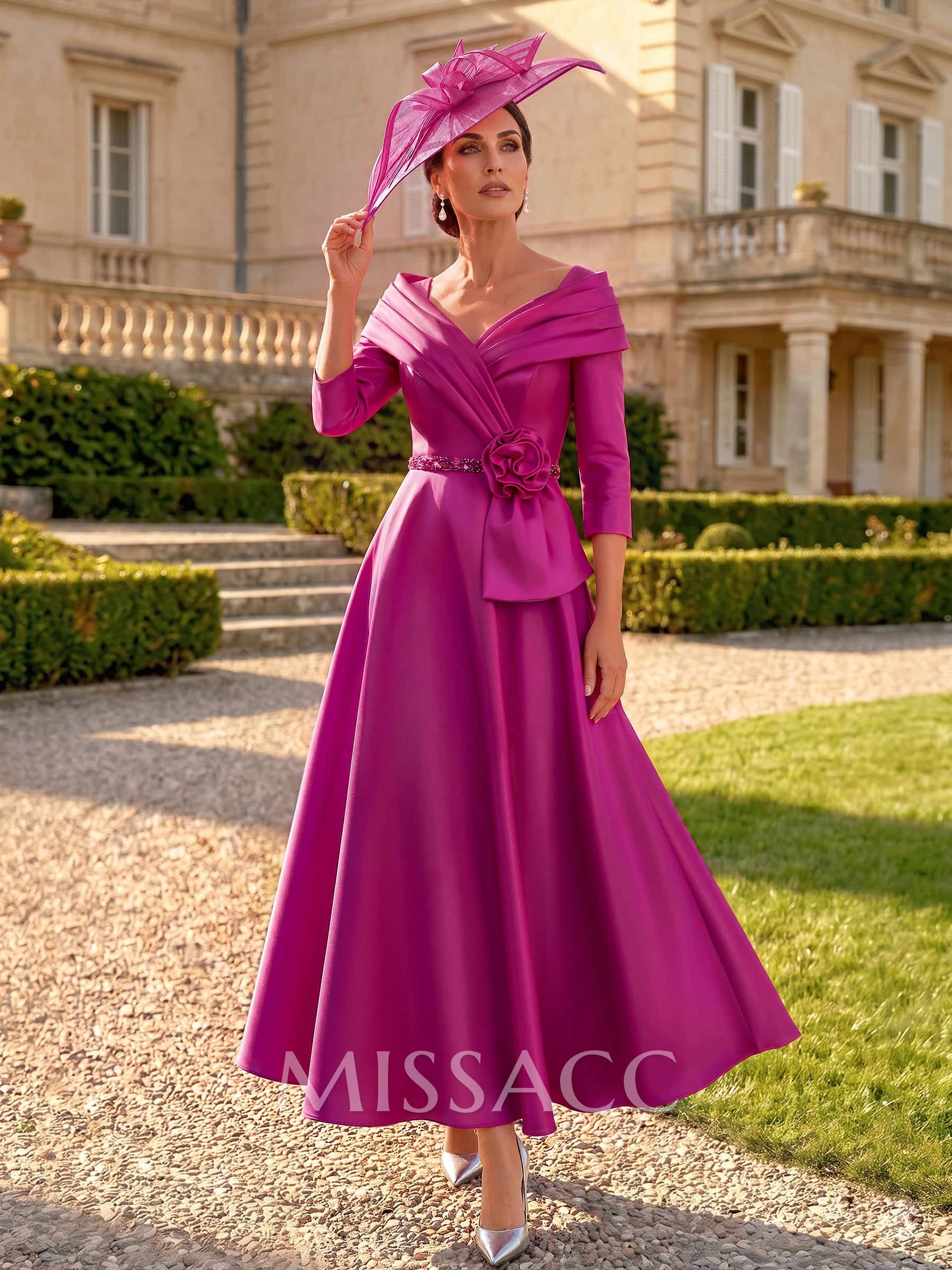 A-Line V-Neck 3/4 Sleeves Ankle-Length Satin Mother Of The Bride Dresses With Rhinestone/Flower(s)