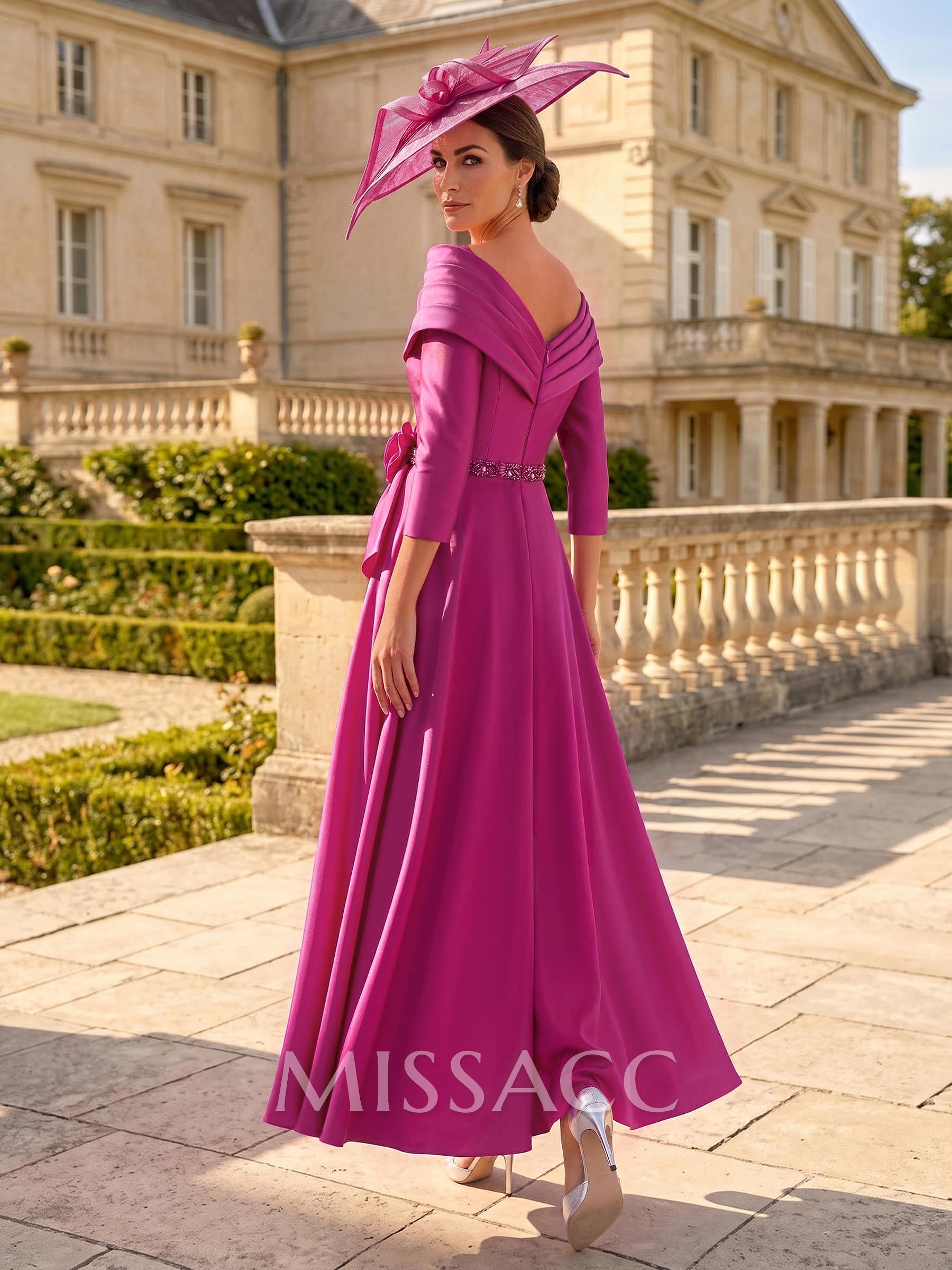 A-Line V-Neck 3/4 Sleeves Ankle-Length Satin Mother Of The Bride Dresses With Rhinestone/Flower(s)
