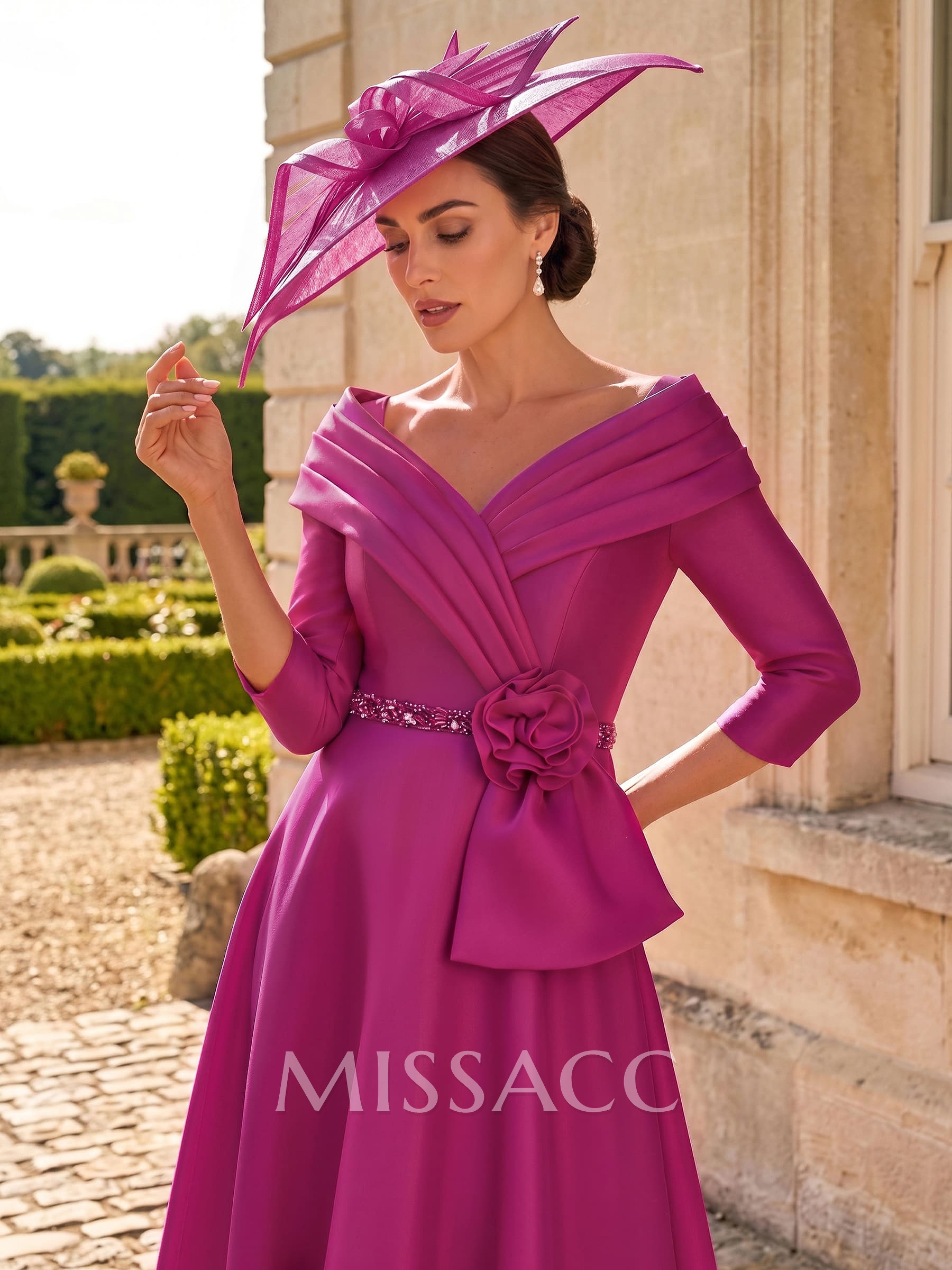A-Line V-Neck 3/4 Sleeves Ankle-Length Satin Mother Of The Bride Dresses With Rhinestone/Flower(s)