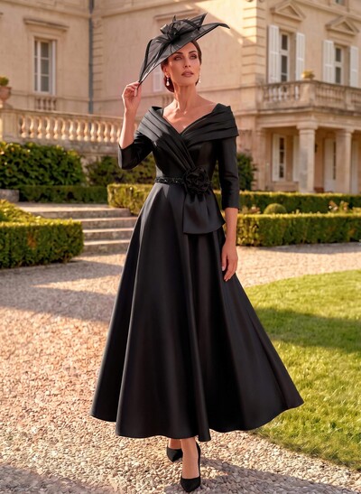 A-Line V-Neck 3/4 Sleeves Ankle-Length Satin Mother Of The Bride Dresses With Rhinestone/Flower(s)