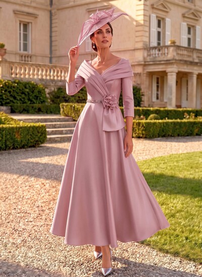 A-Line V-Neck 3/4 Sleeves Ankle-Length Satin Mother Of The Bride Dresses With Rhinestone/Flower(s)