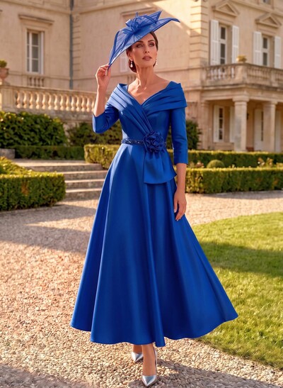 A-Line V-Neck 3/4 Sleeves Ankle-Length Satin Mother Of The Bride Dresses With Rhinestone/Flower(s)