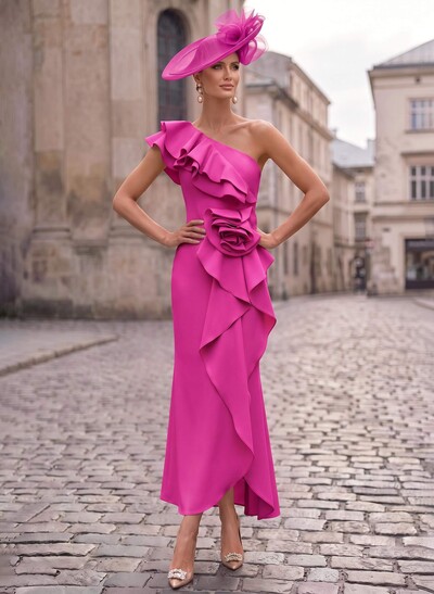 Sheath/Column One-Shoulder Sleeveless Ankle-Length Elastic Satin Mother Of The Bride Dresses With Ruffle/Flower(s)