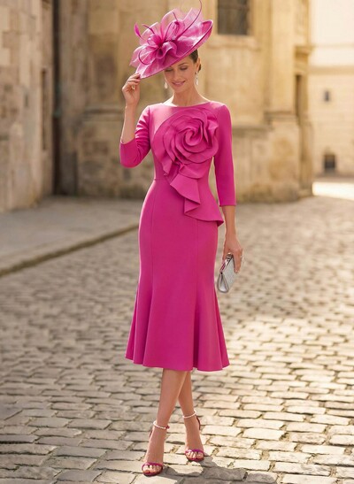 Trumpet/Mermaid Scoop Neck Tea-Length Elastic Satin Mother Of The Bride Dresses With Flower(s)