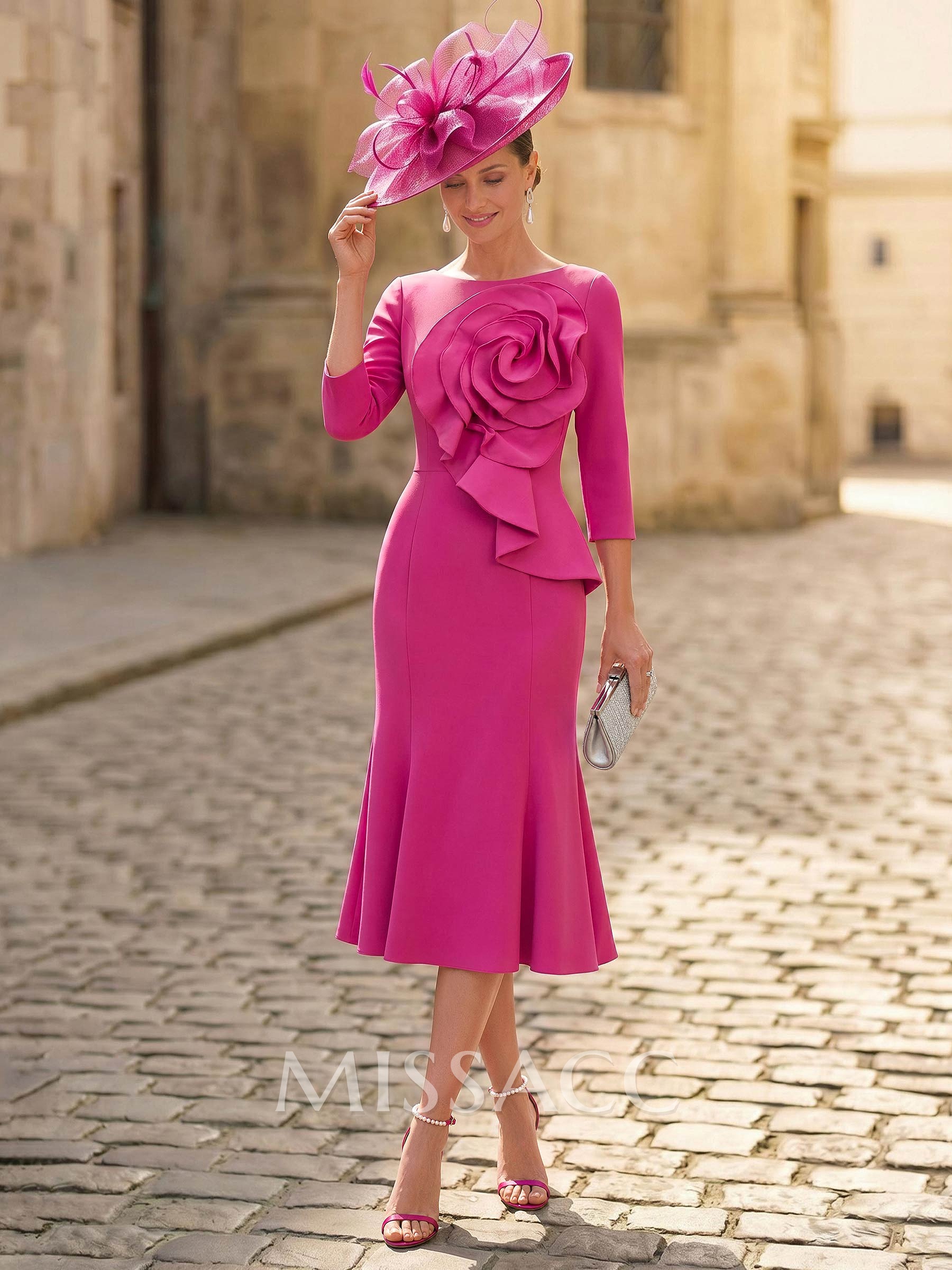 Trumpet/Mermaid Scoop Neck Tea-Length Elastic Satin Mother Of The Bride Dresses With Flower(s)