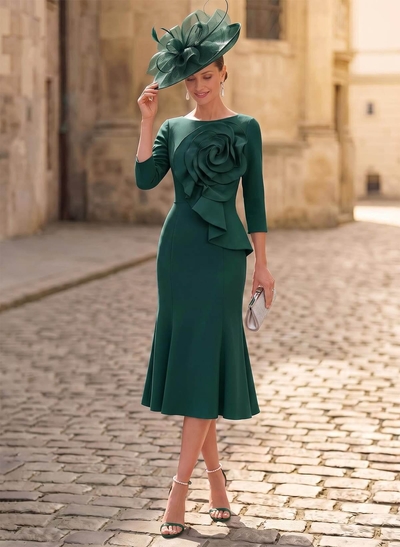 Trumpet/Mermaid Scoop Neck Tea-Length Elastic Satin Mother Of The Bride Dresses With Flower(s)